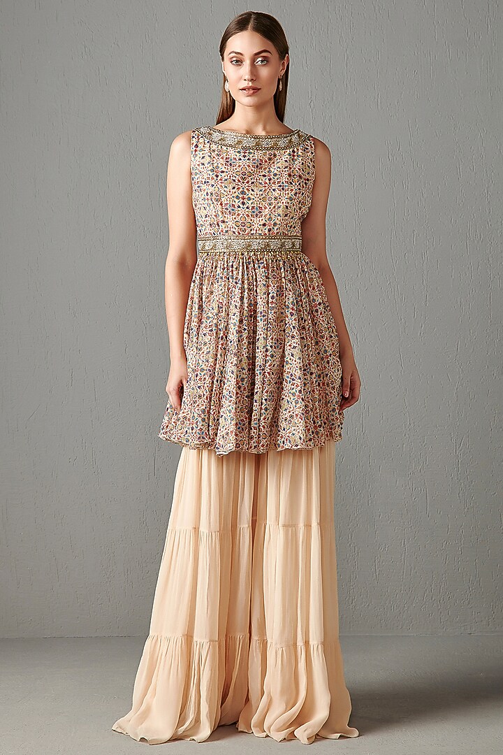 Beige Printed Gharara Set by Rabani & Rakha at Pernia's Pop Up Shop