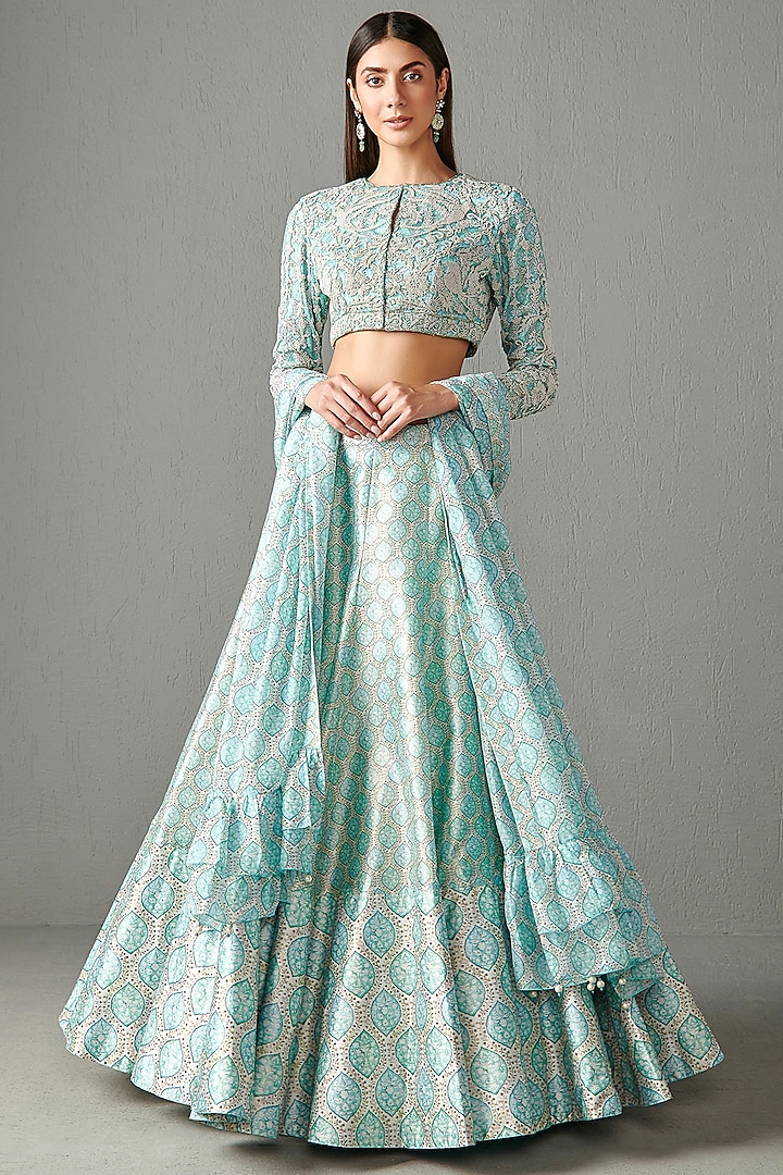 Aqua Printed Wedding Lehenga Set by Rabani & Rakha at Pernia's Pop Up Shop