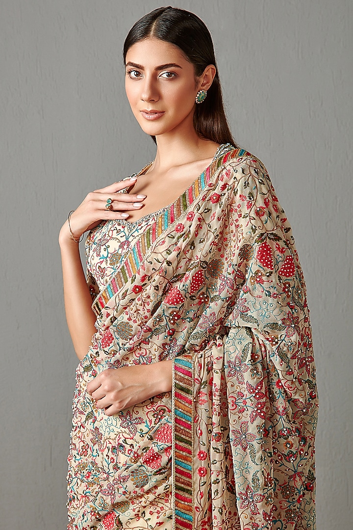 Beige Embroidered Bridal Saree Set by Rabani & Rakha at Pernia's Pop Up Shop