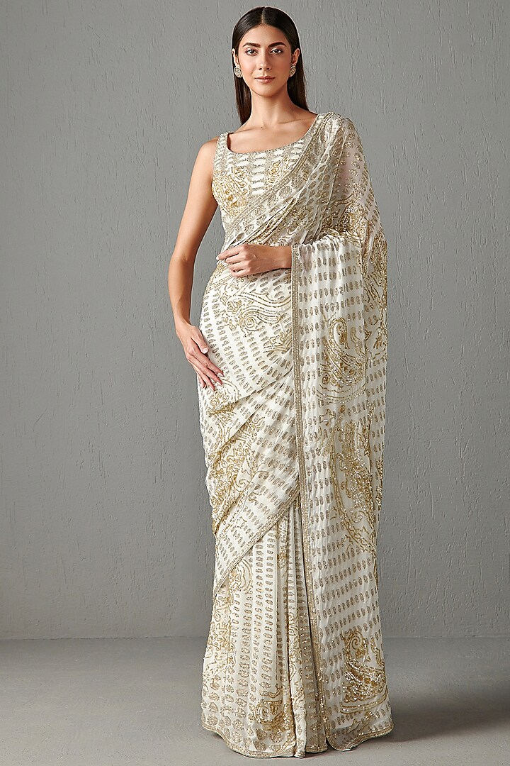 Ivory Sequins Embroidered Saree Set by Rabani & Rakha