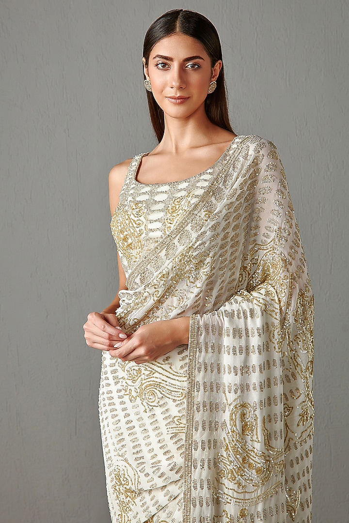 Ivory Sequins Embroidered Reception Saree Set by Rabani & Rakha at Pernia's Pop Up Shop