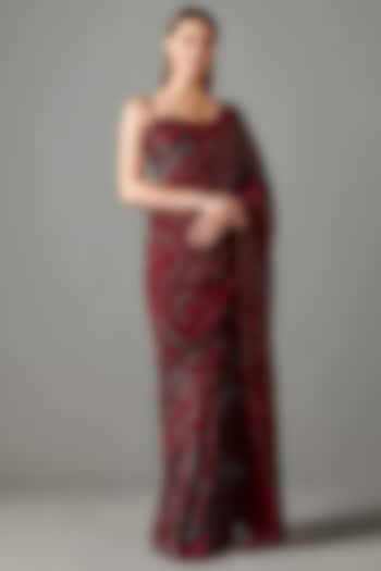 Ox-Blood Embroidered Reception Saree Set by Rabani & Rakha at Pernia's Pop Up Shop