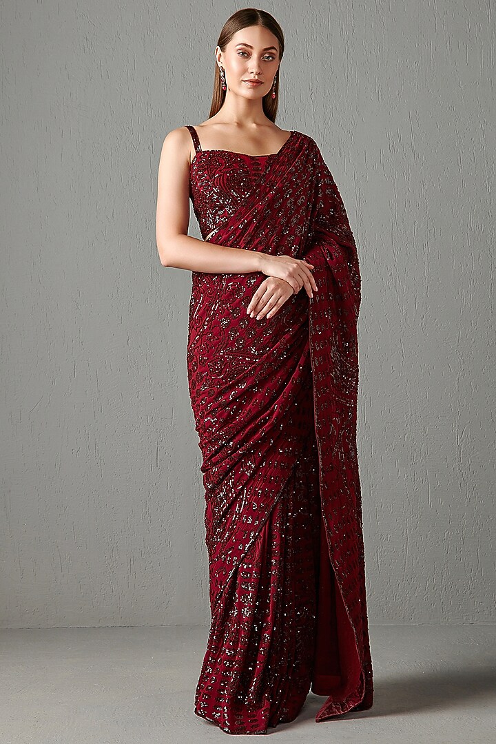 Ox-Blood Embroidered Reception Saree Set by Rabani & Rakha at Pernia's Pop Up Shop