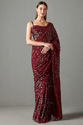 Ox-Blood Embroidered Saree Set by Rabani & Rakha