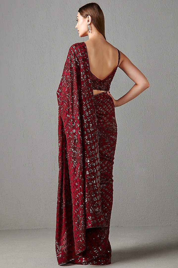 Ox-Blood Embroidered Reception Saree Set by Rabani & Rakha at Pernia's Pop Up Shop