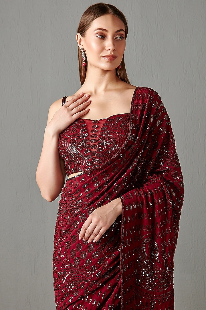 Ox-Blood Embroidered Reception Saree Set by Rabani & Rakha at Pernia's Pop Up Shop