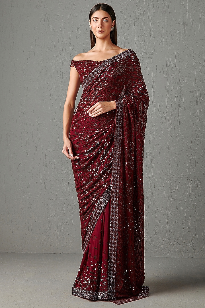 Ox-Blood Sequins Embroidered Reception Saree Set by Rabani & Rakha at Pernia's Pop Up Shop