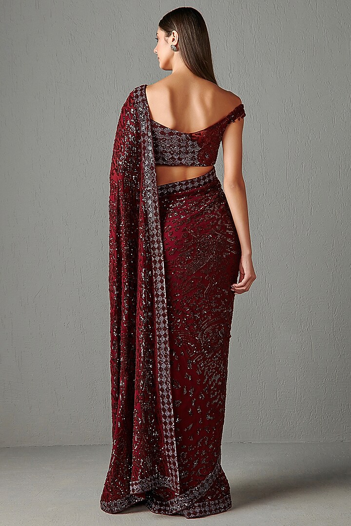 Ox-Blood Sequins Embroidered Reception Saree Set by Rabani & Rakha at Pernia's Pop Up Shop