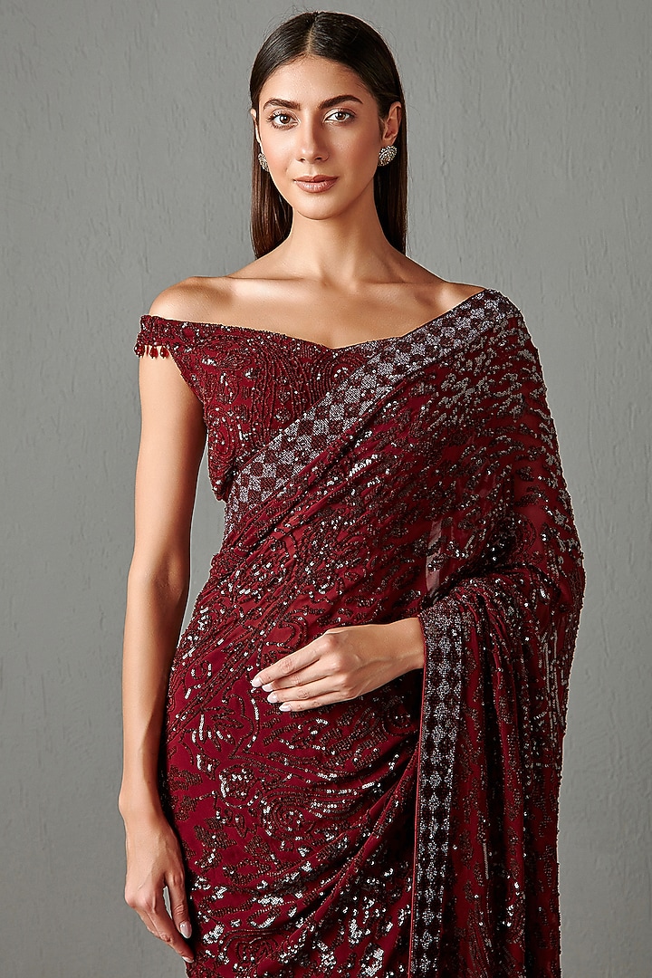 Ox-Blood Sequins Embroidered Reception Saree Set by Rabani & Rakha at Pernia's Pop Up Shop