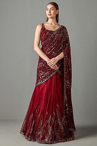 Ox-Blood Net & Georgette Sequins Embroidered Lehenga Saree Set by Rabani & Rakha