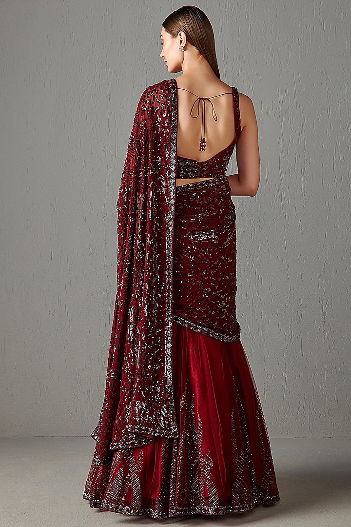 Ox-Blood Net & Georgette Sequins Embroidered Bridal Lehenga Saree Set by Rabani & Rakha at Pernia's Pop Up Shop