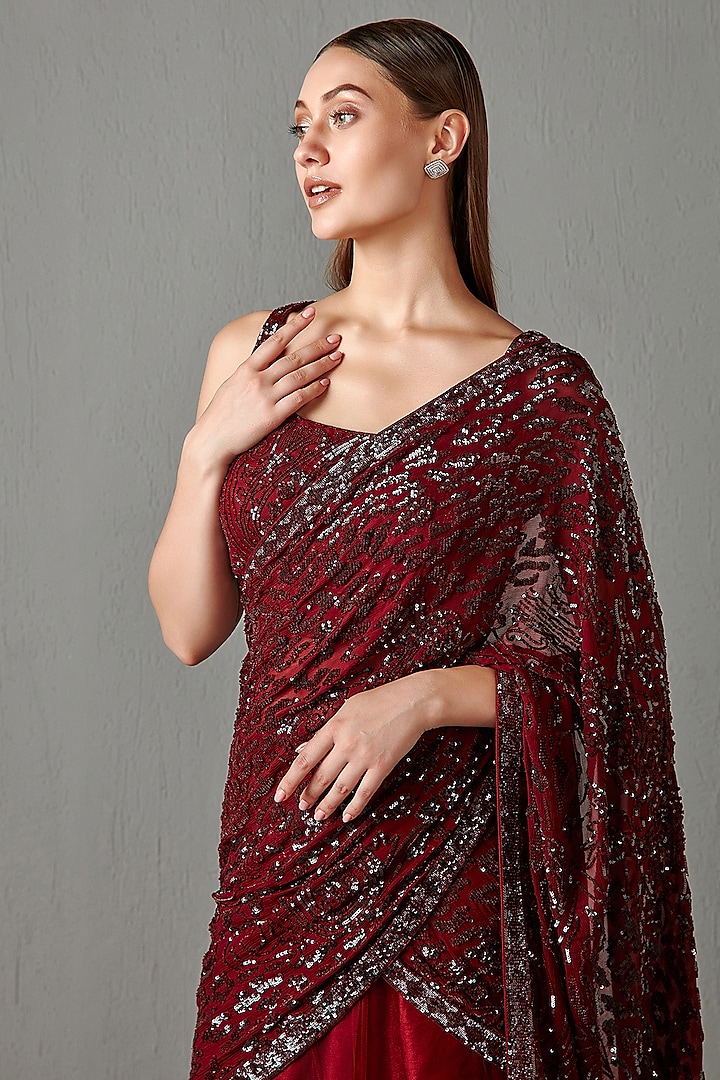Ox-Blood Net & Georgette Sequins Embroidered Bridal Lehenga Saree Set by Rabani & Rakha at Pernia's Pop Up Shop
