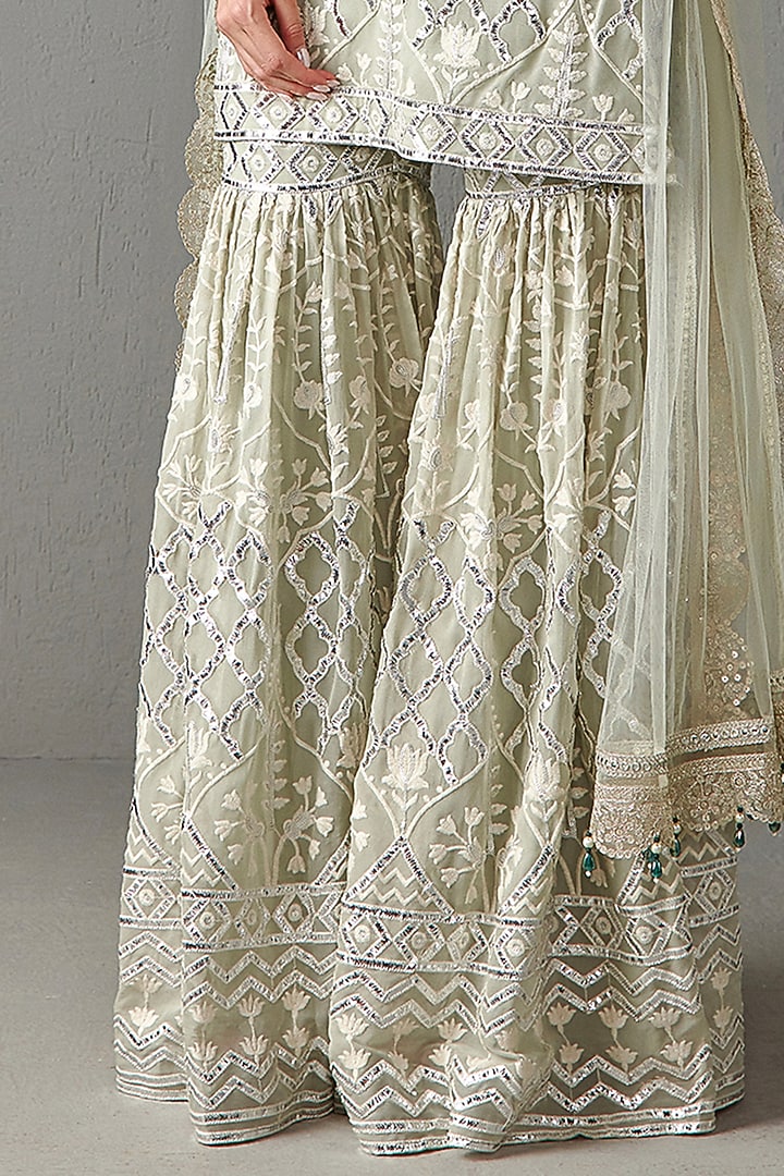 Sage Green Georgette Gota-Patti Embroidered Gharara Set by Rabani & Rakha at Pernia's Pop Up Shop
