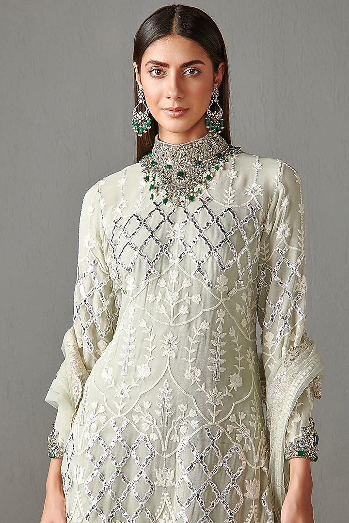 Sage Green Georgette Gota-Patti Embroidered Gharara Set by Rabani & Rakha at Pernia's Pop Up Shop