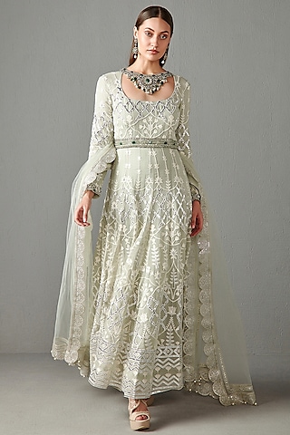 Sage Green Embroidered Anarkali Set by Rabani & Rakha