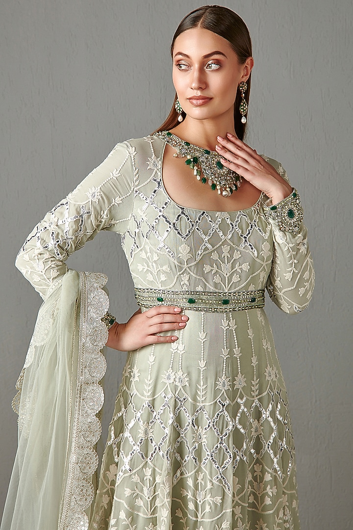 Sage Green Embroidered Bridal Anarkali Set by Rabani & Rakha at Pernia's Pop Up Shop