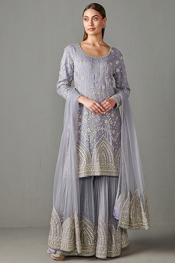 Lilac Georgette Sequins Embroidered Gharara Set by Rabani & Rakha at Pernia's Pop Up Shop