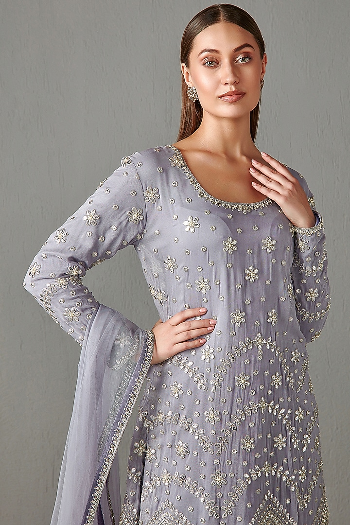 Lilac Georgette Sequins Embroidered Gharara Set by Rabani & Rakha at Pernia's Pop Up Shop