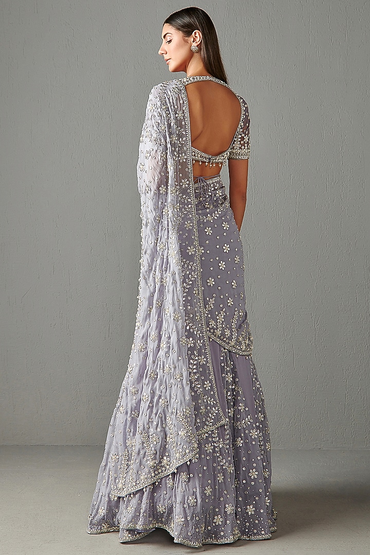 Lilac Georgette Pearl Embroidered Reception Lehenga Saree Set by Rabani & Rakha at Pernia's Pop Up Shop
