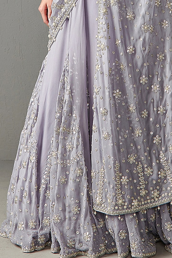 Lilac Georgette Pearl Embroidered Reception Lehenga Saree Set by Rabani & Rakha at Pernia's Pop Up Shop