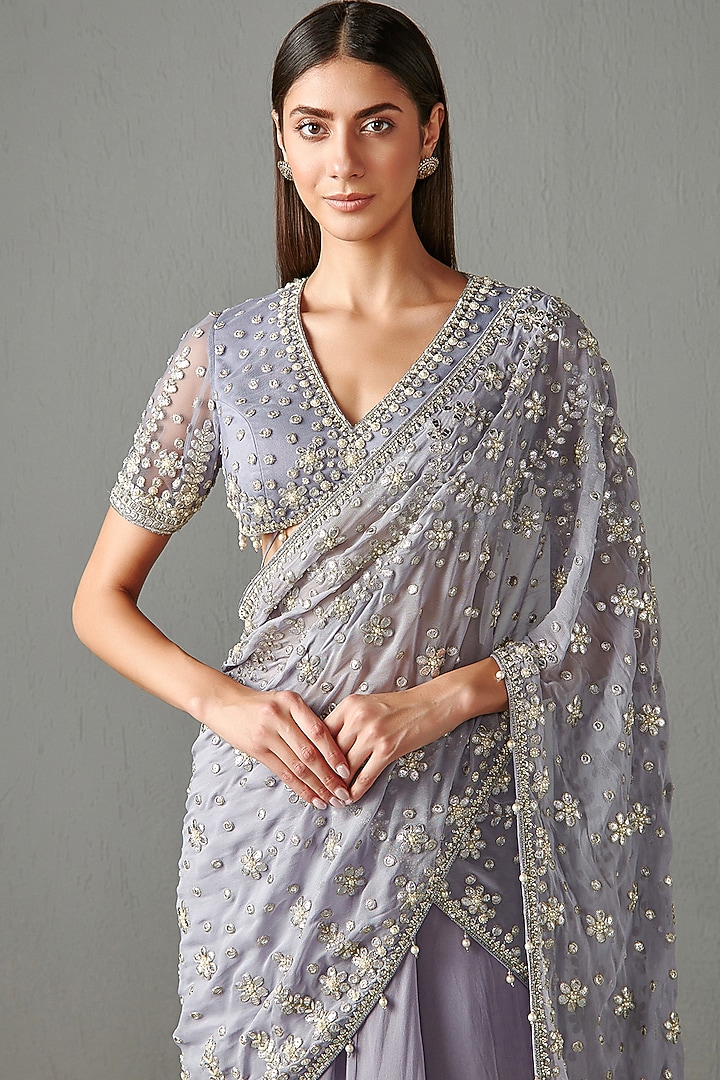 Lilac Georgette Pearl Embroidered Reception Lehenga Saree Set by Rabani & Rakha at Pernia's Pop Up Shop