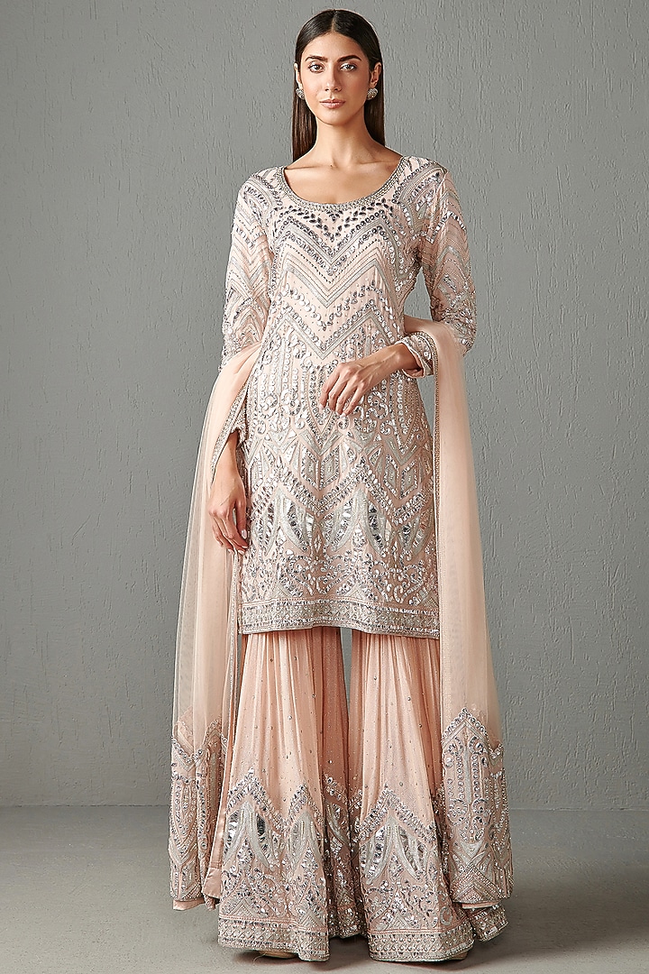 Blush Peach Georgette Sequins Embroidered Gharara Set by Rabani & Rakha at Pernia's Pop Up Shop