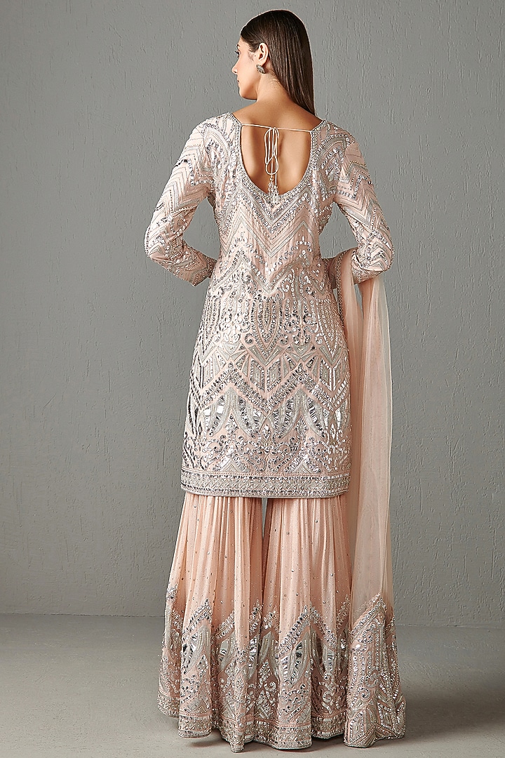 Blush Peach Georgette Sequins Embroidered Gharara Set by Rabani & Rakha at Pernia's Pop Up Shop
