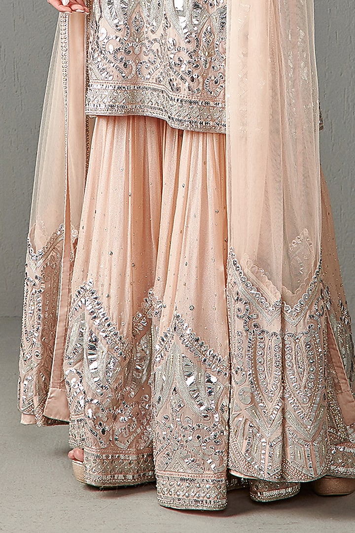 Blush Peach Georgette Sequins Embroidered Gharara Set by Rabani & Rakha at Pernia's Pop Up Shop