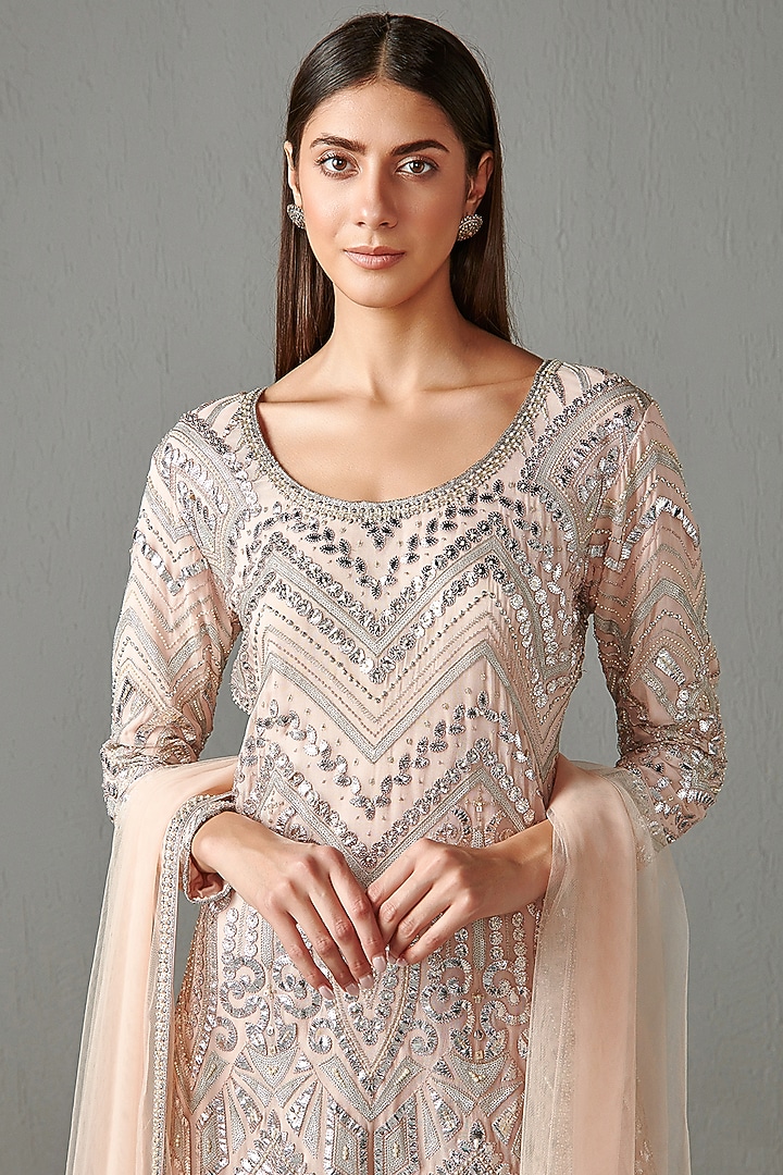 Blush Peach Georgette Sequins Embroidered Gharara Set by Rabani & Rakha at Pernia's Pop Up Shop
