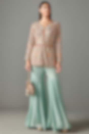 Aqua Blue Georgette Gharara Set by Rabani & Rakha at Pernia's Pop Up Shop
