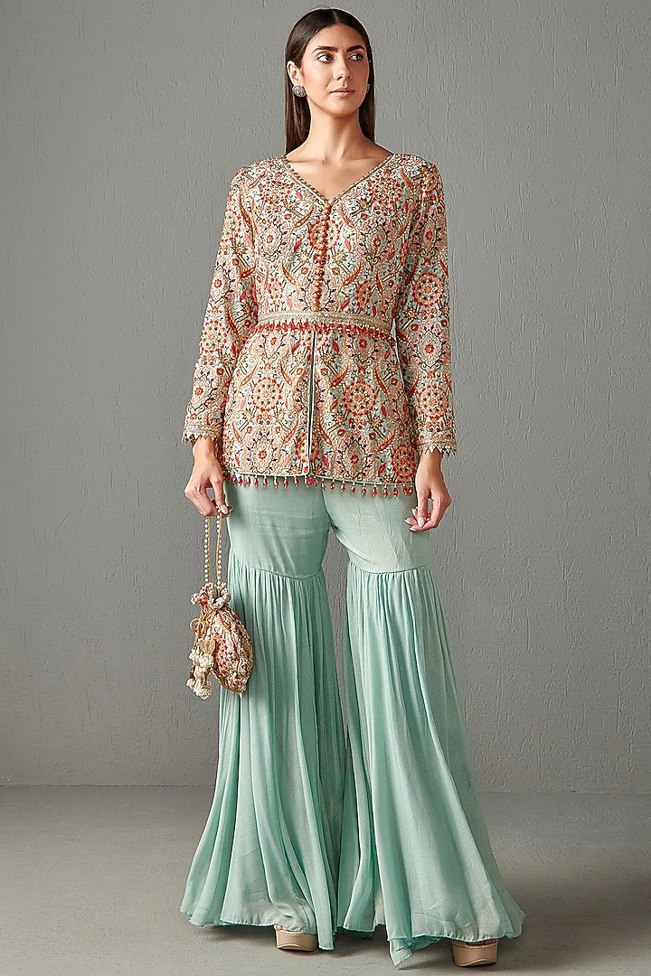 Aqua Blue Georgette Gharara Set by Rabani & Rakha at Pernia's Pop Up Shop