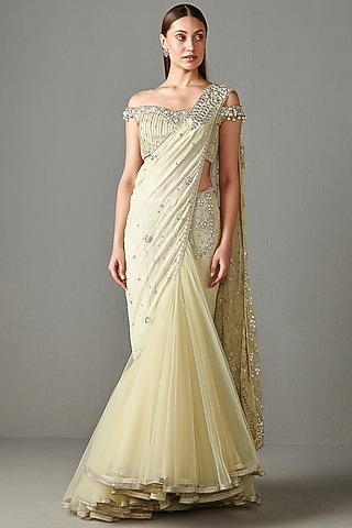 Sage Green Net & Georgette Sequins Embroidered Lehenga Saree Set by Rabani & Rakha