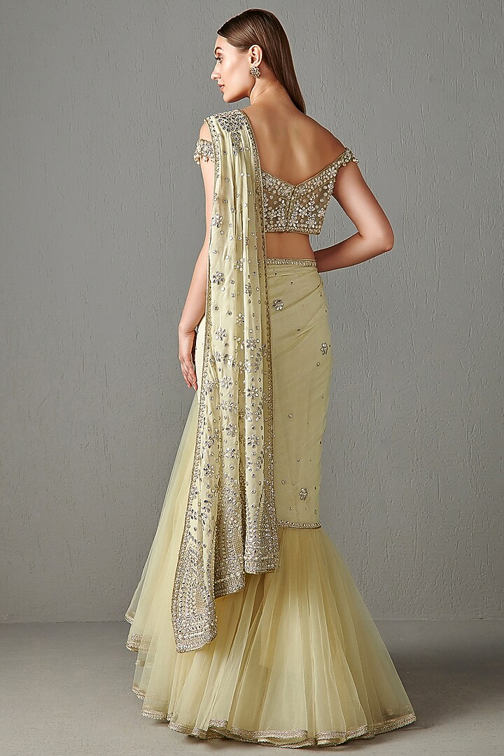 Sage Green Net & Georgette Sequins Embroidered Reception Lehenga Saree Set by Rabani & Rakha at Pernia's Pop Up Shop
