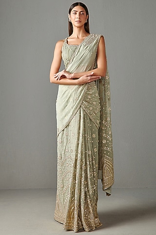 Deep Sage Green Georgette Saree Set by Rabani & Rakha
