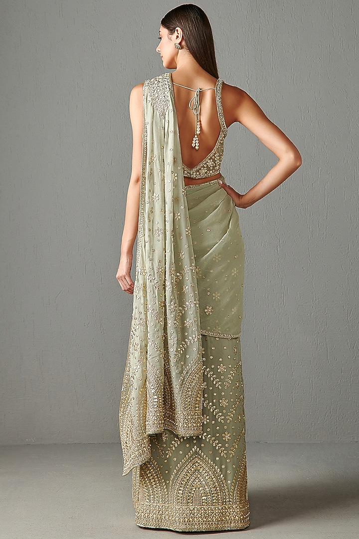 Deep Sage Green Georgette Reception Saree Set by Rabani & Rakha at Pernia's Pop Up Shop