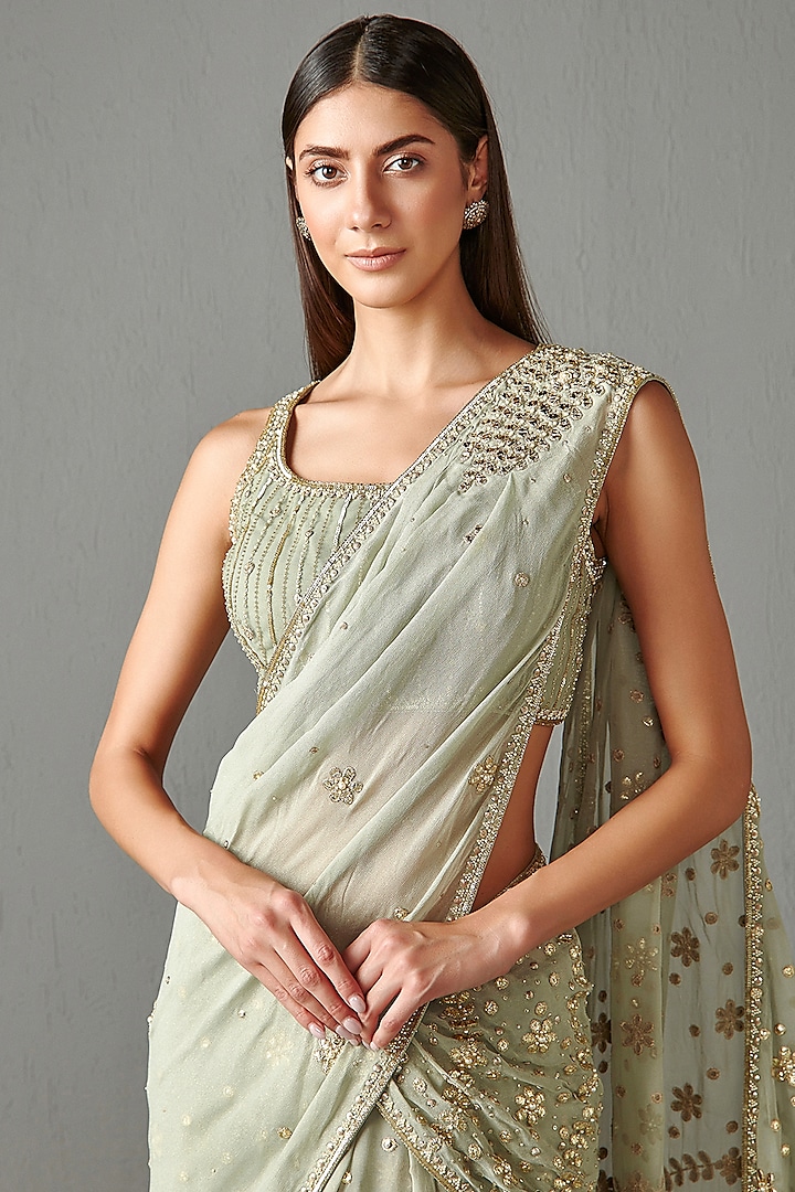 Deep Sage Green Georgette Reception Saree Set by Rabani & Rakha at Pernia's Pop Up Shop