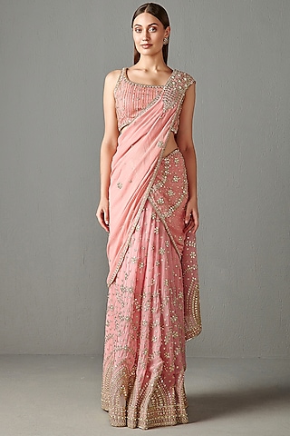 Rose Pink Georgette Saree Set by Rabani & Rakha
