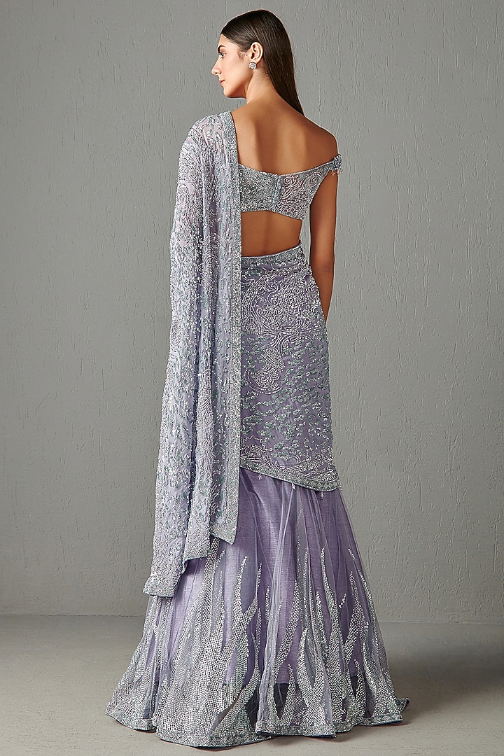 Lilac Georgette & Net Bridal Lehenga Saree Set by Rabani & Rakha at Pernia's Pop Up Shop