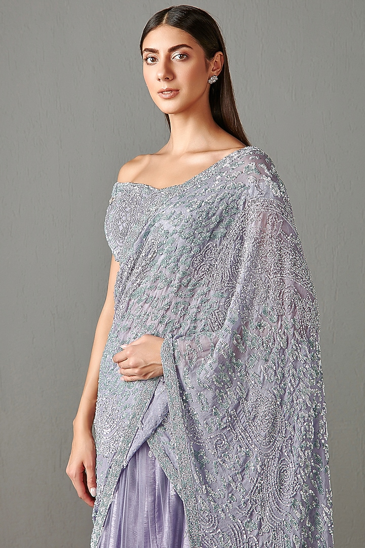 Lilac Georgette & Net Bridal Lehenga Saree Set by Rabani & Rakha at Pernia's Pop Up Shop