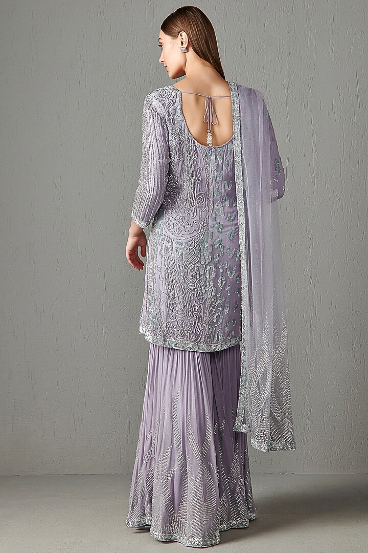 Lilac Georgette Sequins Embroidered Gharara Set by Rabani & Rakha at Pernia's Pop Up Shop