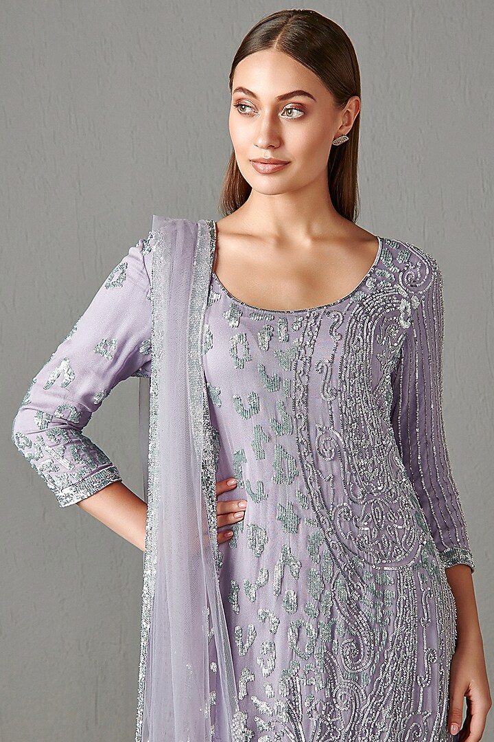 Lilac Georgette Sequins Embroidered Gharara Set by Rabani & Rakha at Pernia's Pop Up Shop