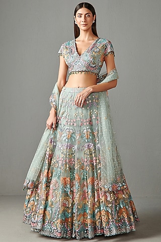 Sage Green Net Lehenga Set by Rabani & Rakha