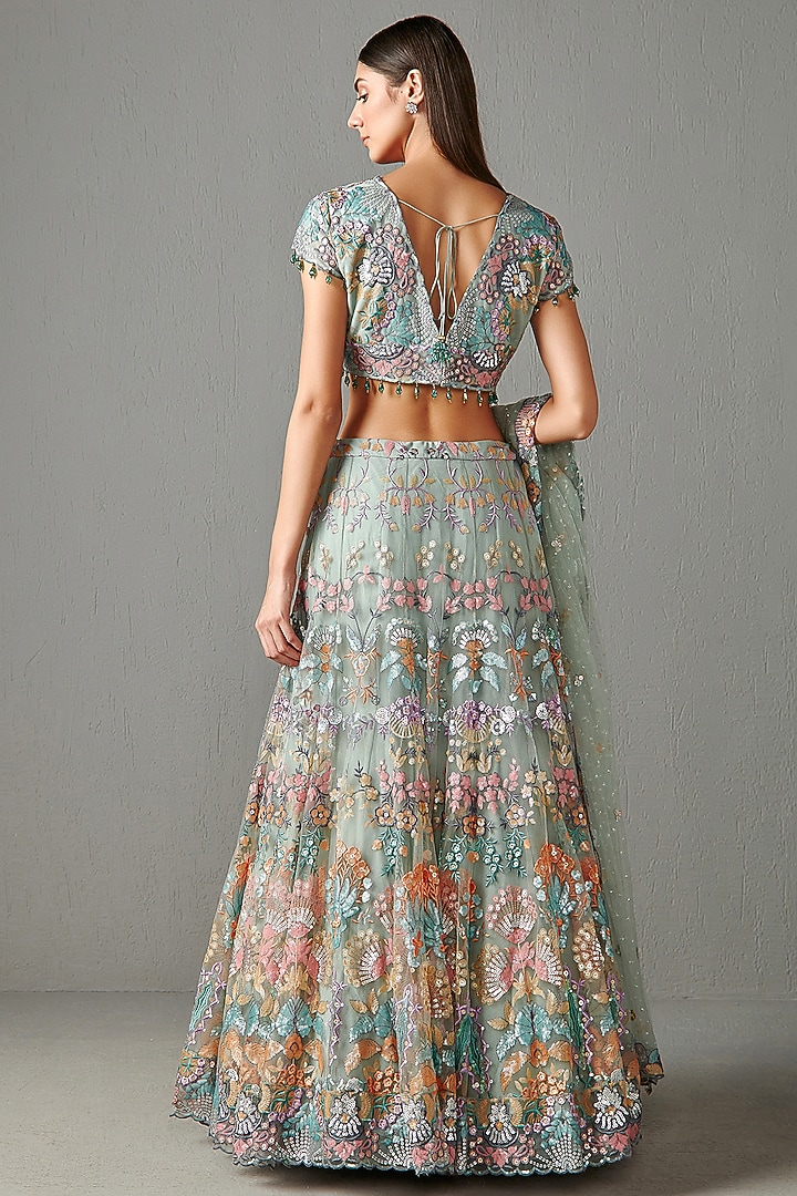 Sage Green Net Bridal Lehenga Set by Rabani & Rakha at Pernia's Pop Up Shop