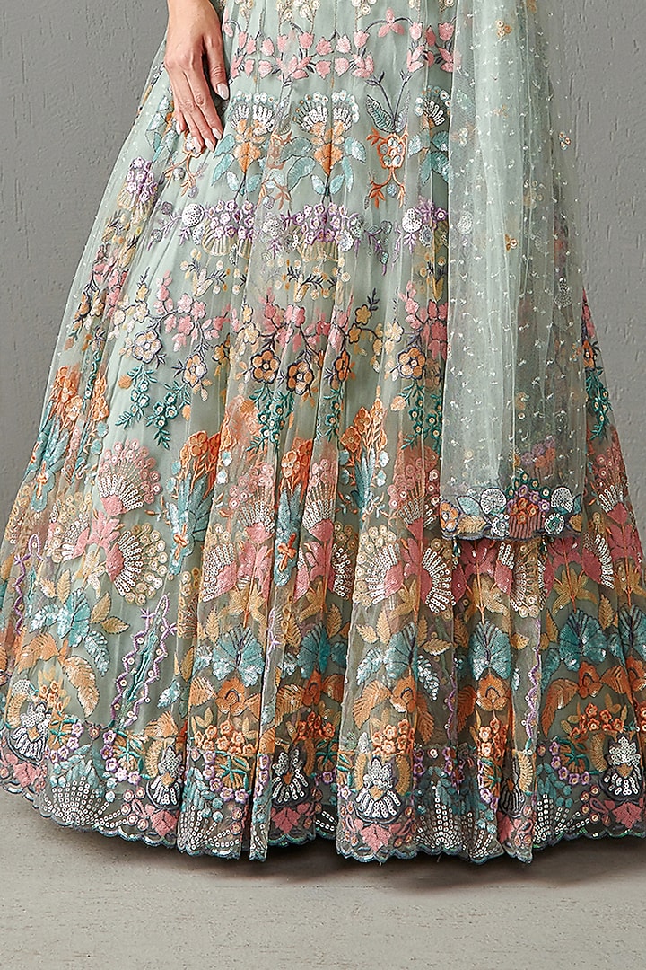 Sage Green Net Bridal Lehenga Set by Rabani & Rakha at Pernia's Pop Up Shop
