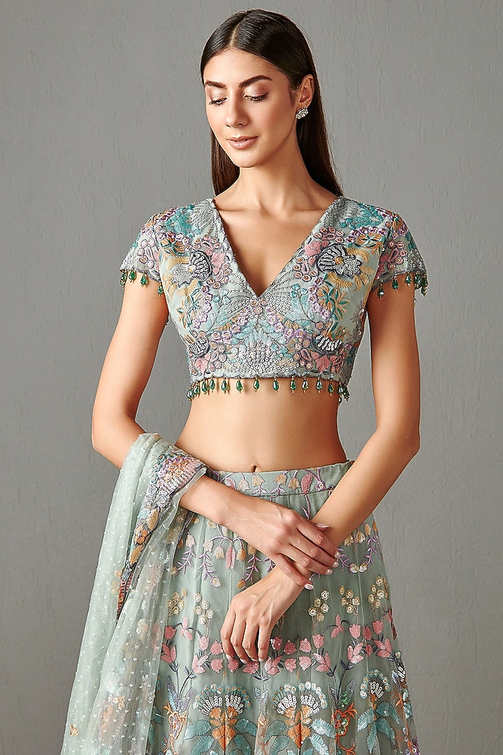 Sage Green Net Bridal Lehenga Set by Rabani & Rakha at Pernia's Pop Up Shop