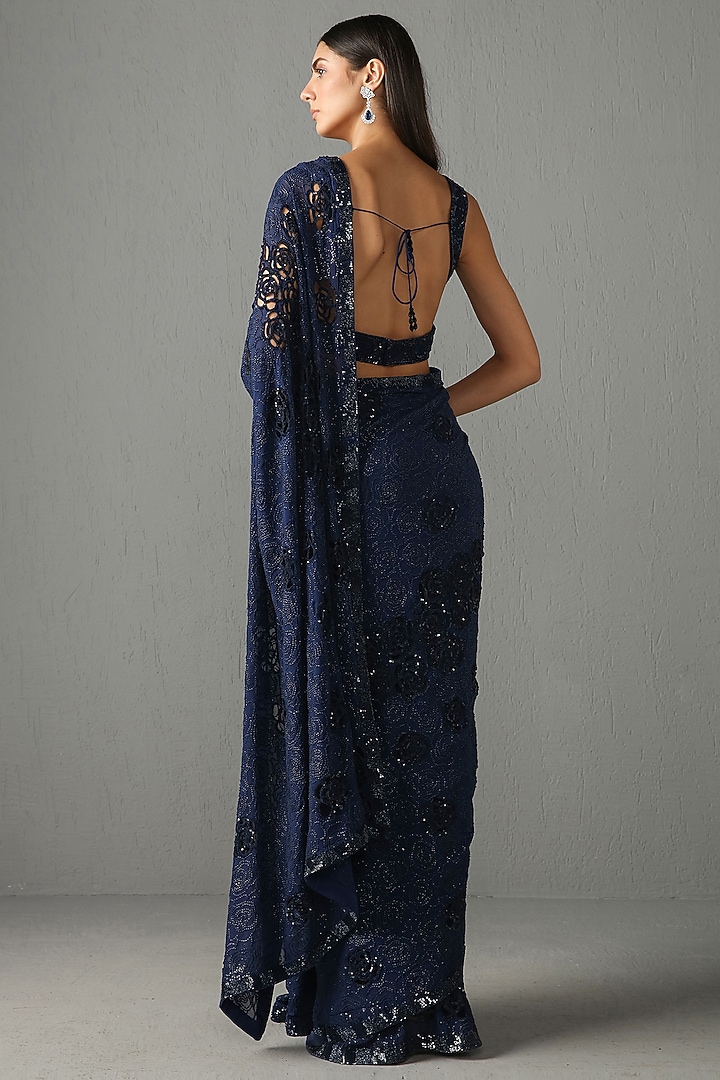 Blue Embroidered Reception Saree Set by Rabani & Rakha at Pernia's Pop Up Shop