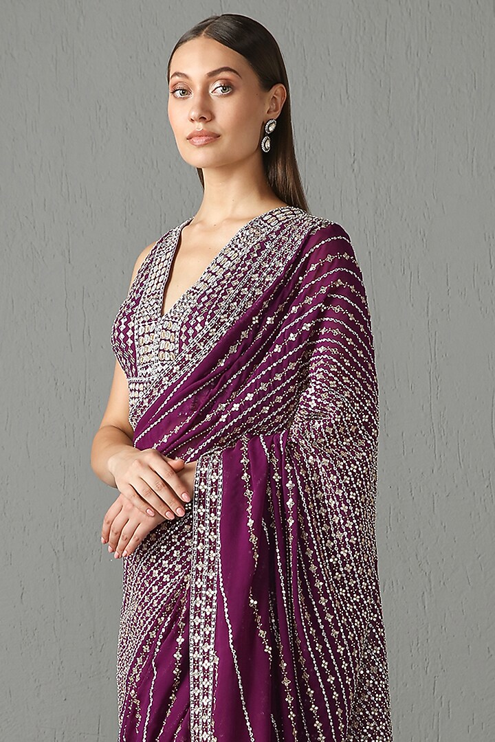 Purple Embroidered Reception Saree Set by Rabani & Rakha at Pernia's Pop Up Shop