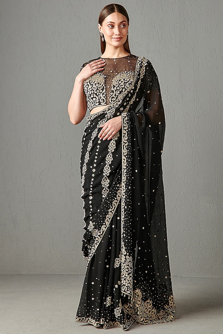 Black Chiffon Embroidered Saree by Rabani & Rakha