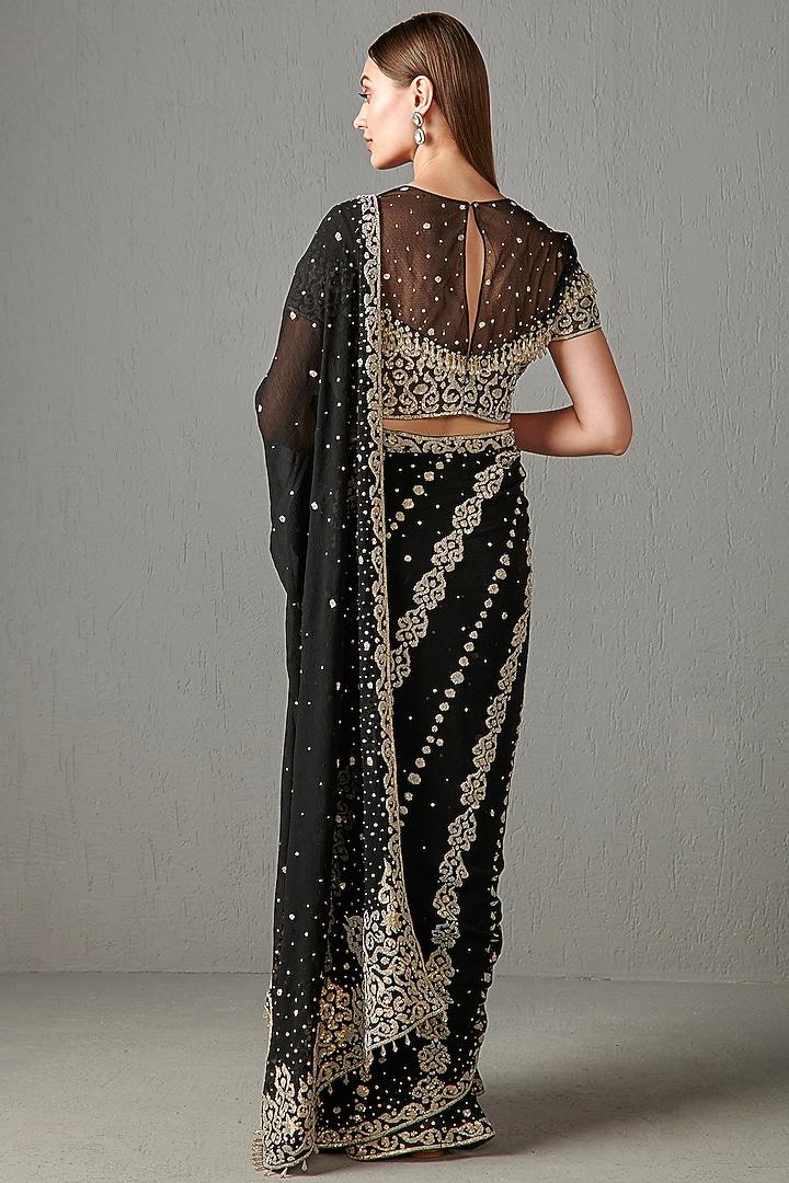 Black Chiffon Embroidered Reception Saree by Rabani & Rakha at Pernia's Pop Up Shop