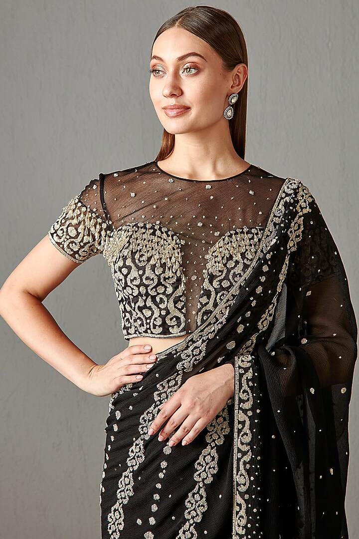 Black Chiffon Embroidered Reception Saree by Rabani & Rakha at Pernia's Pop Up Shop